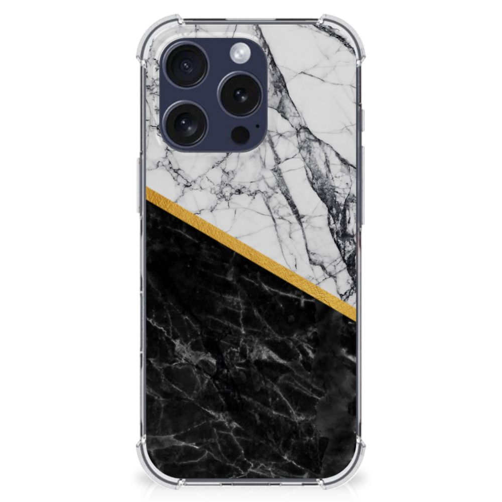 iPhone 16 Pro Anti-Shock Hoesje Marmer Wit Zwart achterkant design marmer