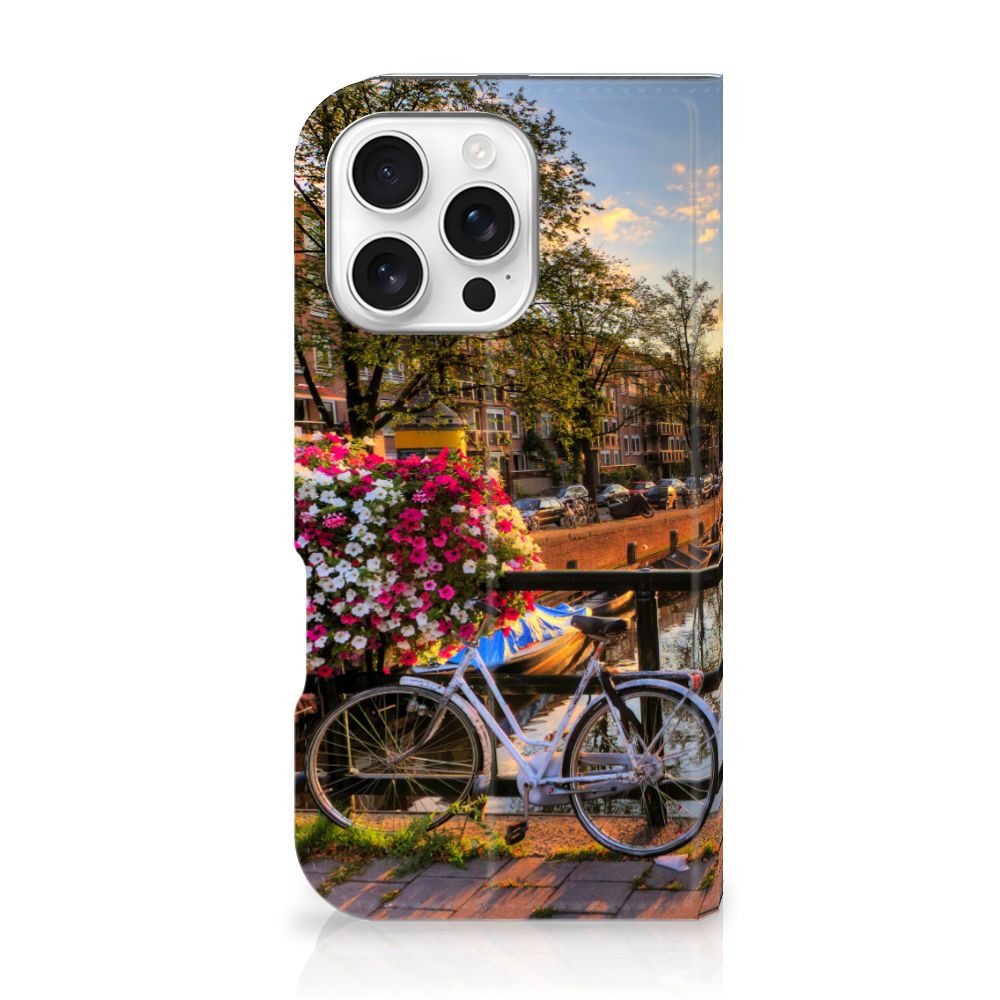 iPhone 16 Pro Book Cover Amsterdamse Grachten design fiets bloemen uitzicht