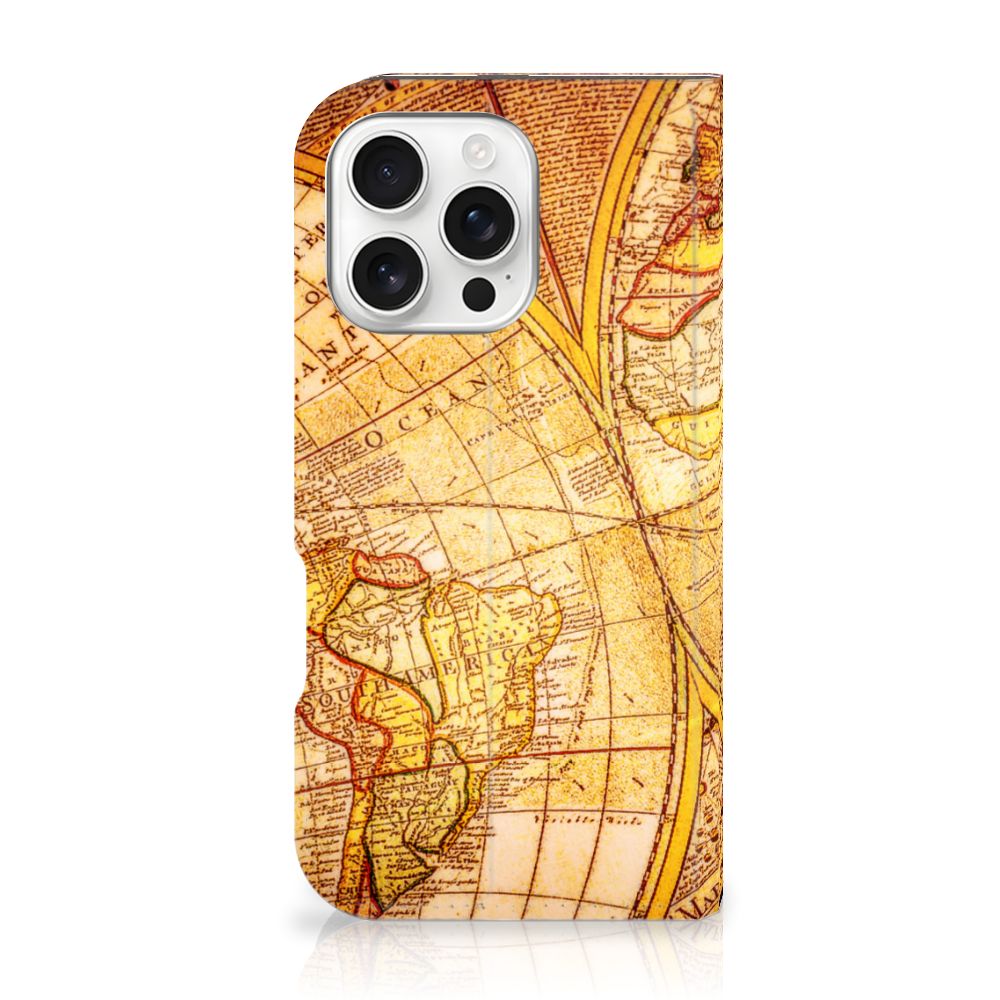 iPhone 16 Pro Book Cover Kompas wereldkaart ontwerp achteraanzicht