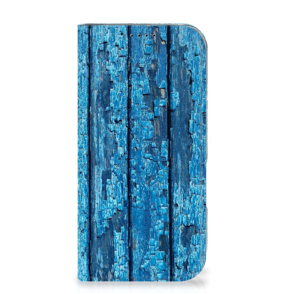 iPhone 16 Pro Book Wallet Case Wood Blue case blauw hout aanzicht