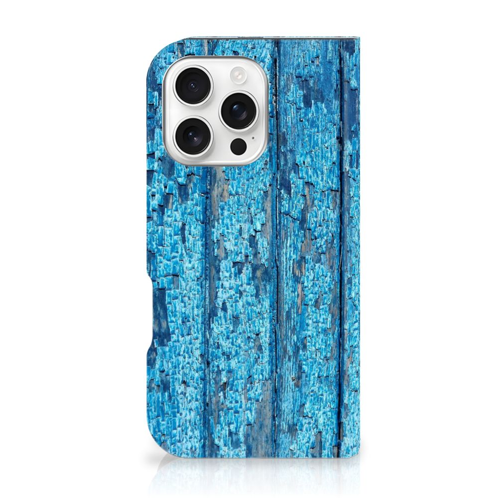 iPhone 16 Pro Book Wallet Case Wood Blue design blauw hout aanzicht