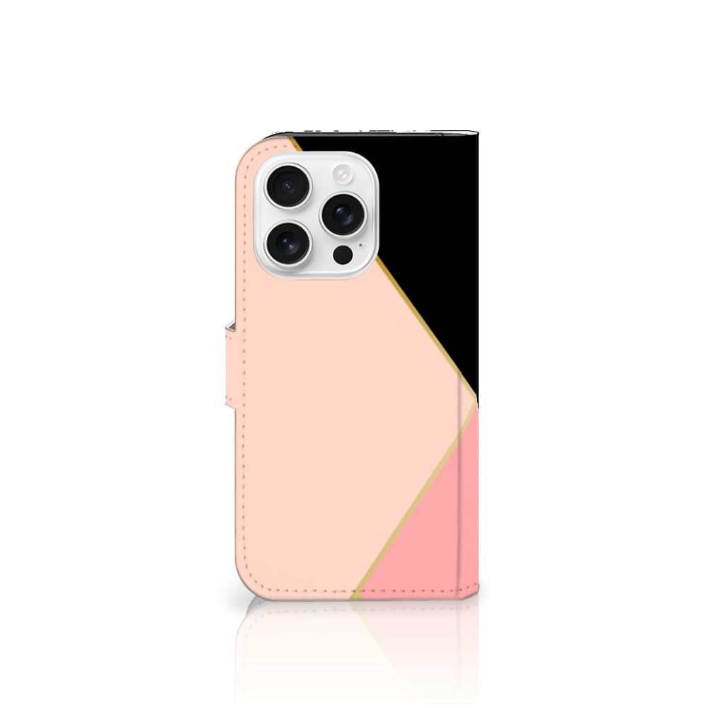iPhone 16 Pro Bookcase Marmer Wit Zwart Origineel Cadeau Man design geometrisch aanzicht