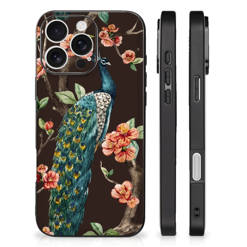 Apple iPhone 16 Pro iPhone 16 Pro Dierenprint Telefoonhoesje Pauw met Bloemen achterkant zijkanten