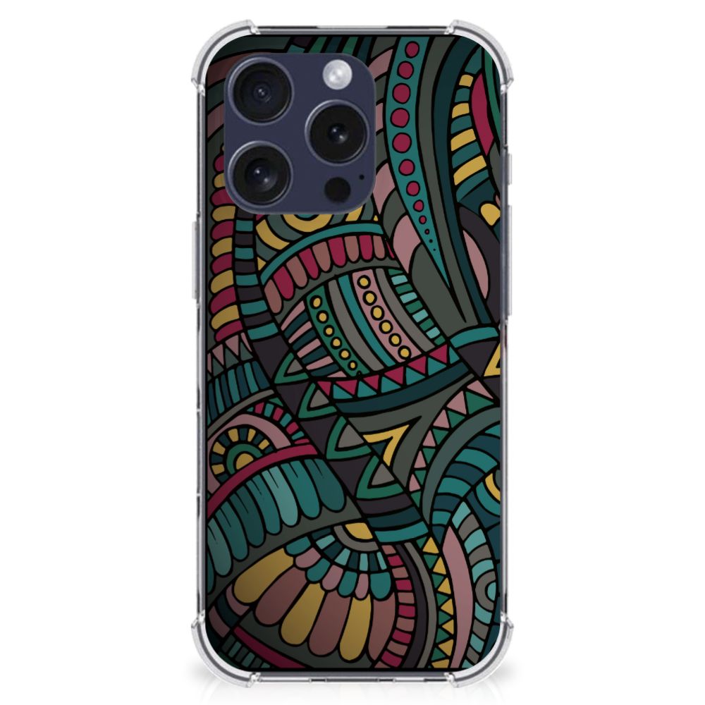 iPhone 16 Pro Doorzichtige Silicone Hoesje Aztec achterkant design kleurrijk patroon