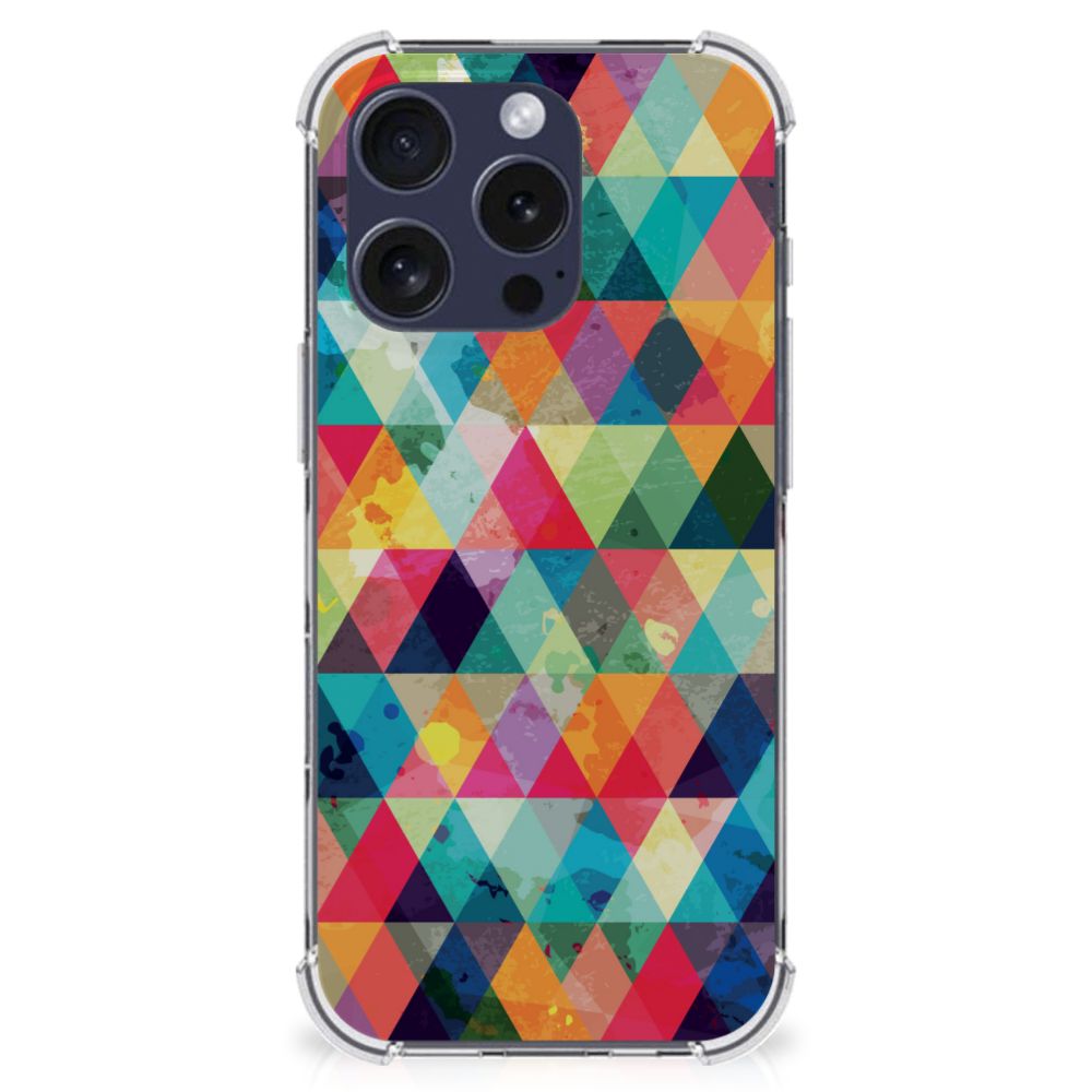 iPhone 16 Pro Doorzichtige Silicone Hoesje Geruit kleurrijk geometrisch motief aanzicht