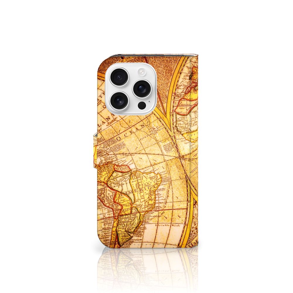 iPhone 16 Pro Flip Cover Kompas hoesje met wereldkaart design aanzicht