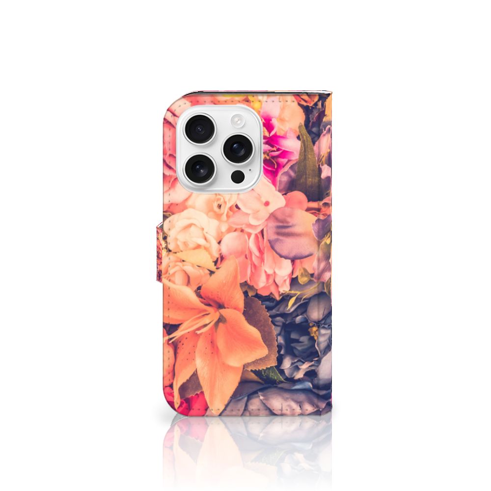 iPhone 16 Pro Hoesje Bosje Bloemen boekhoesje bloemen roze oranje paarse