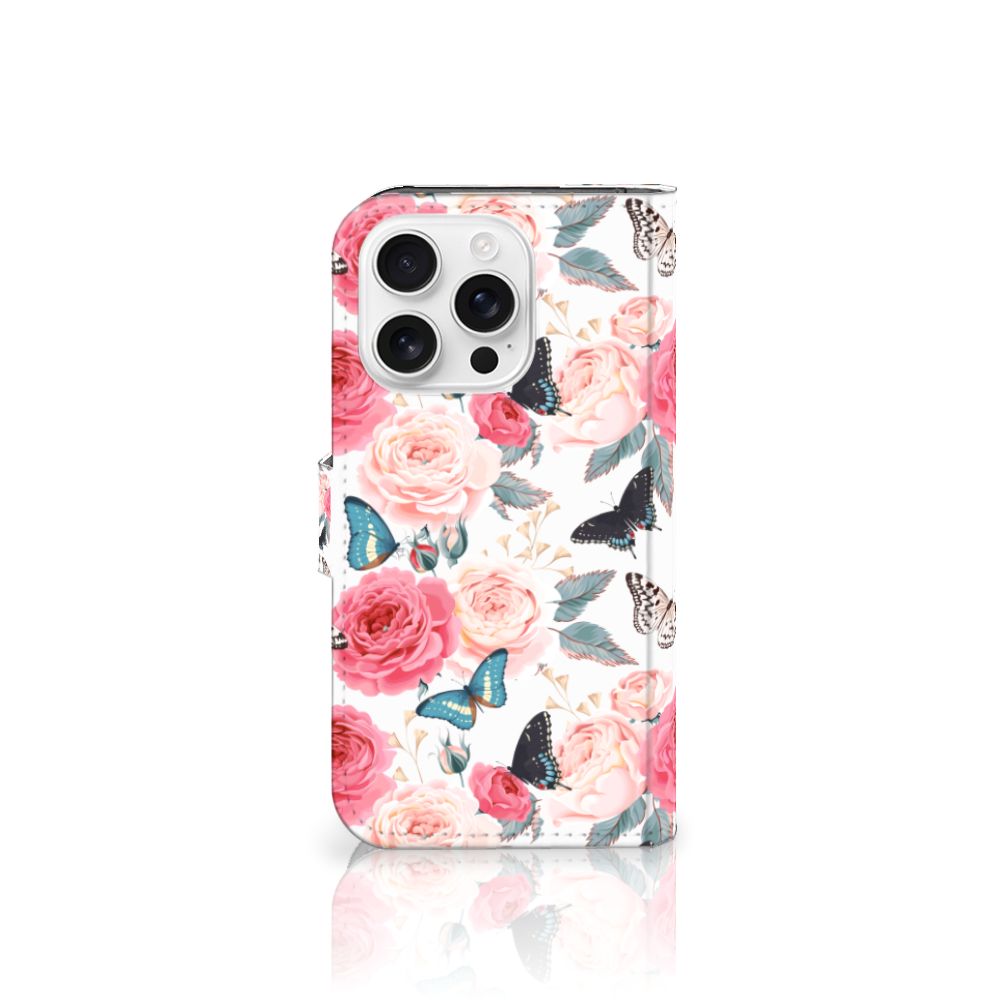 iPhone 16 Pro Hoesje Butterfly Roses hoesje design rozen vlinders aanzicht
