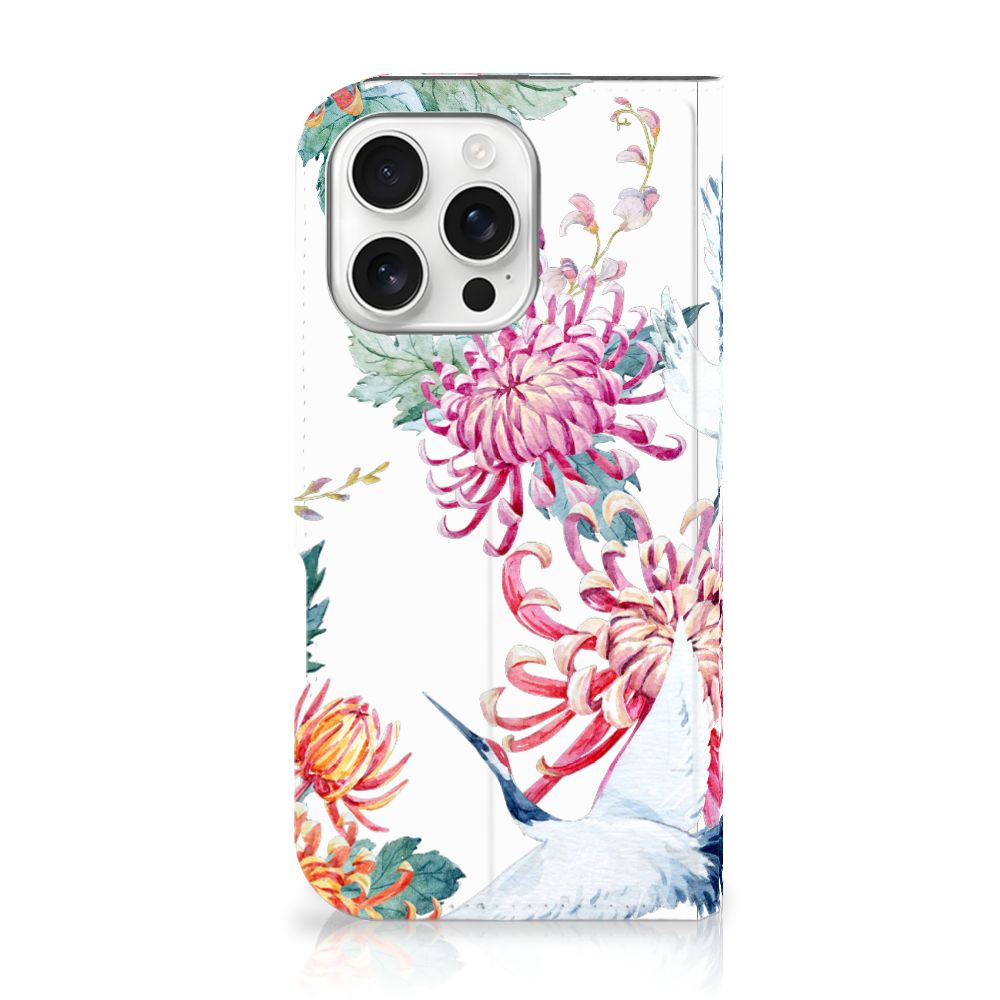 iPhone 16 Pro Hoesje maken Bird Flowers hoesje bloemen ooievaar voorkant