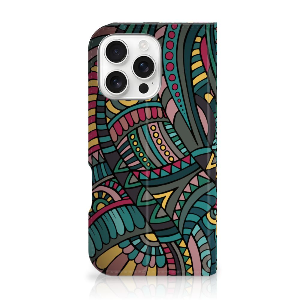 iPhone 16 Pro Hoesje met Magneet Aztec design kleurrijk zijaanzicht