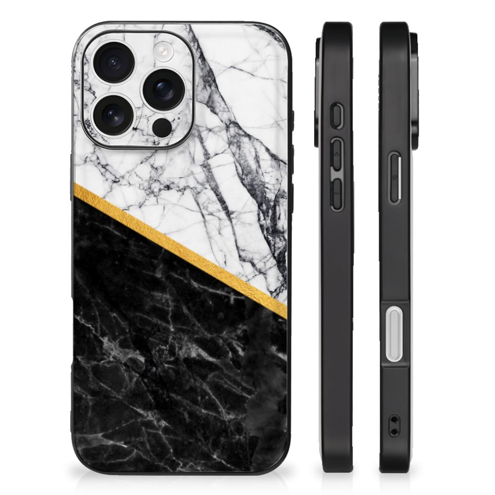 iPhone 16 Pro Marmeren Print Telefoonhoesje Marmer Wit Zwart - Origineel Cadeau Man hoesje design marmer zijaanzicht