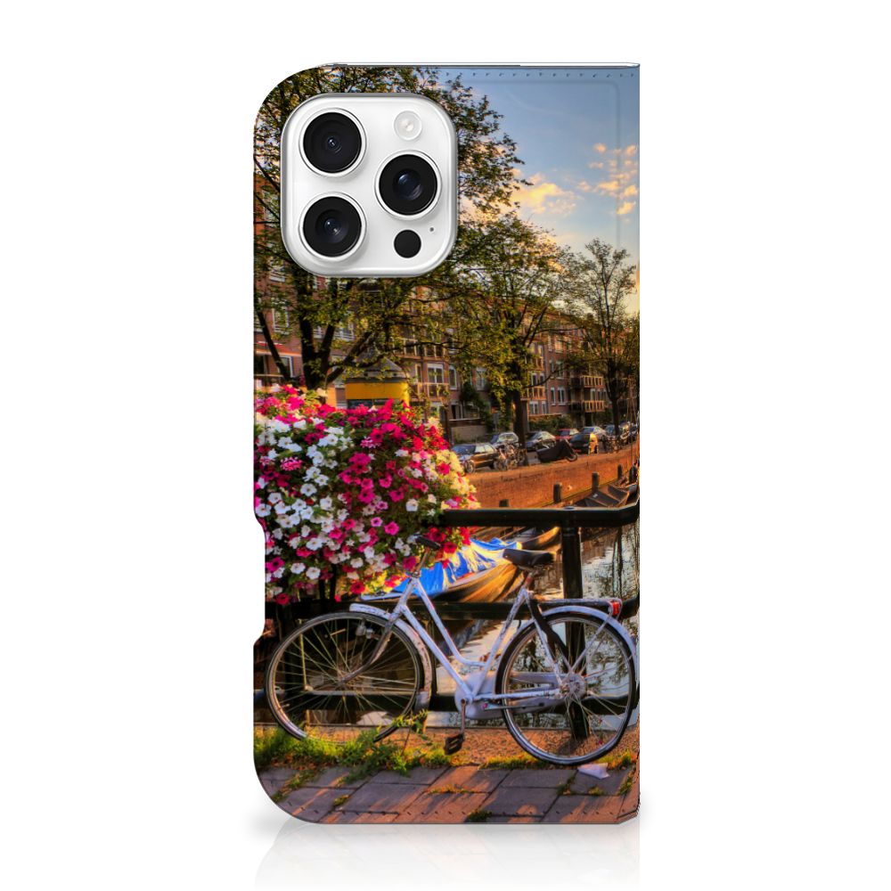 iPhone 16 Pro Max Book Cover Amsterdamse Grachten fiets bloemen uitzicht