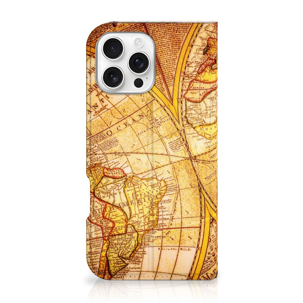 iPhone 16 Pro Max Book Cover Kompas wereldkaart design achterkant