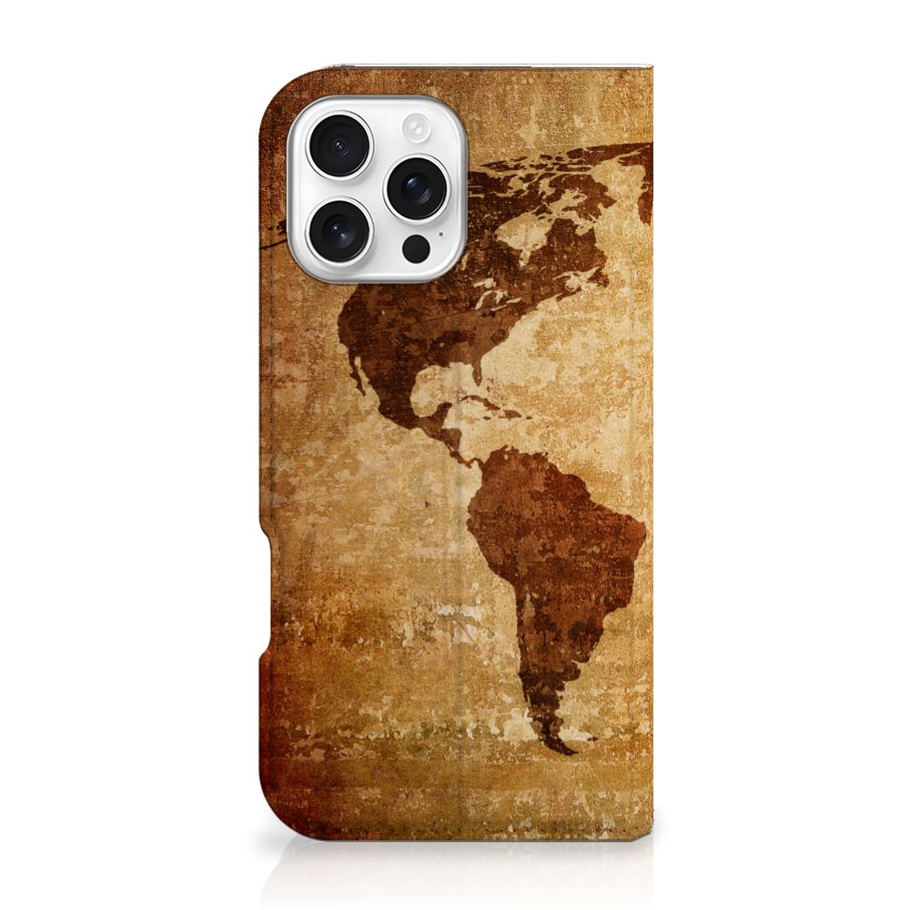 iPhone 16 Pro Max Book Cover Wereldkaart wereldkaart bruin design