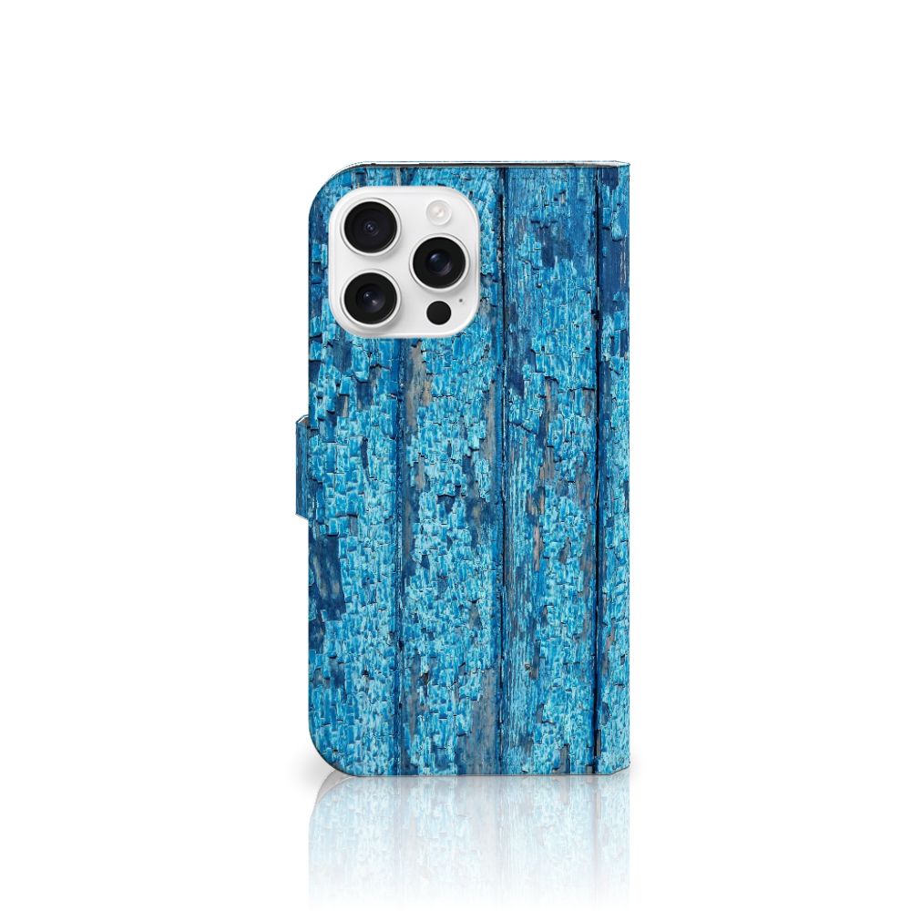 iPhone 16 Pro Max Book Style Case Wood Blue designnaam voorkant