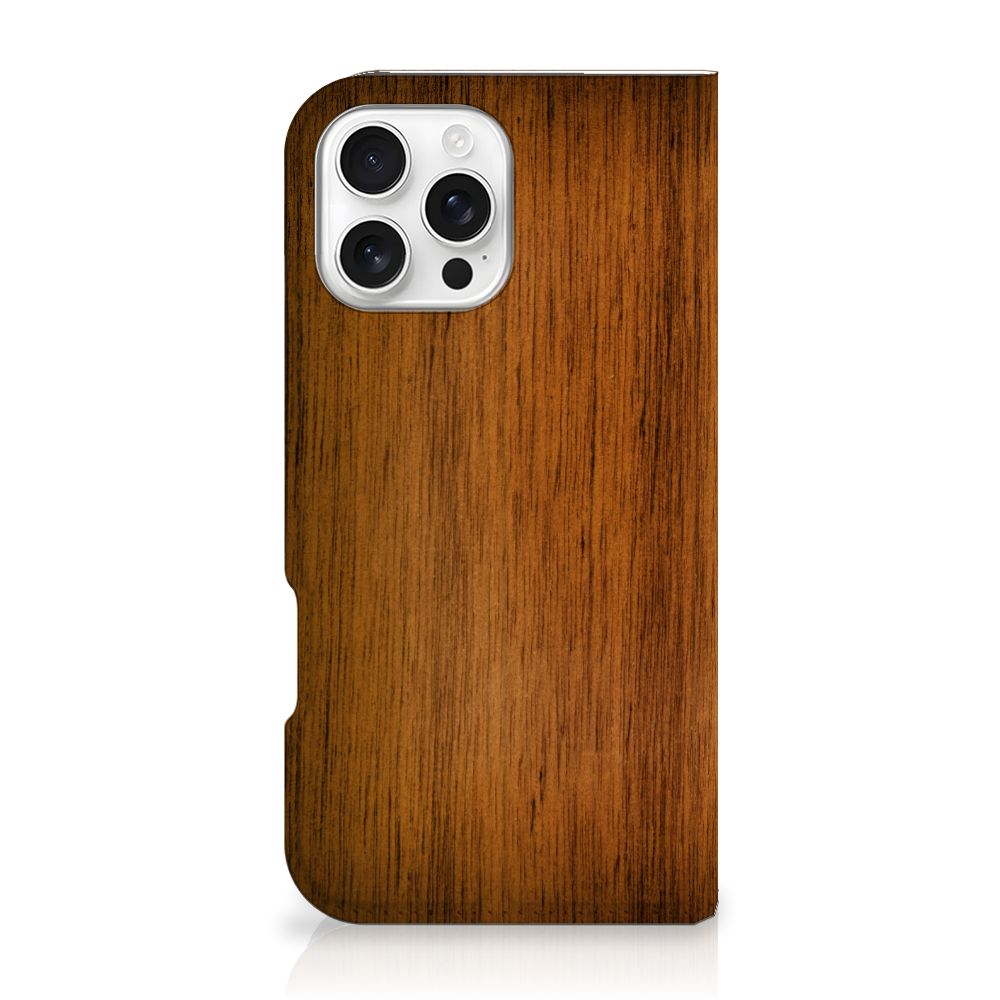 Apple iPhone 16 Pro Max Book Wallet Case Donker Hout achterkant