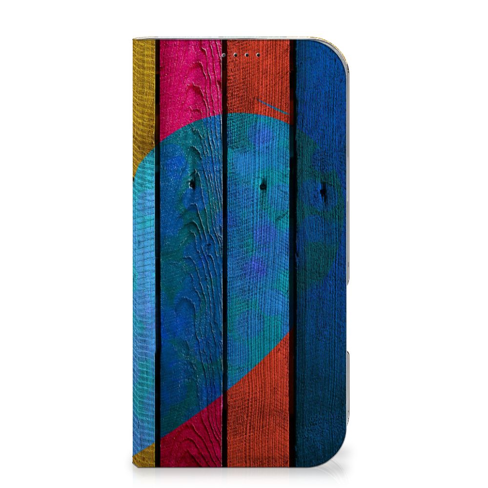iPhone 16 Pro Max Book Wallet Case Wood Heart kleurrijk design voorkant