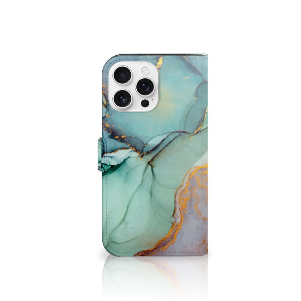 iPhone 16 Pro Max Bookcase Marmer Wit Zwart Origineel Cadeau Man hoesje turquoise marmer aanzicht