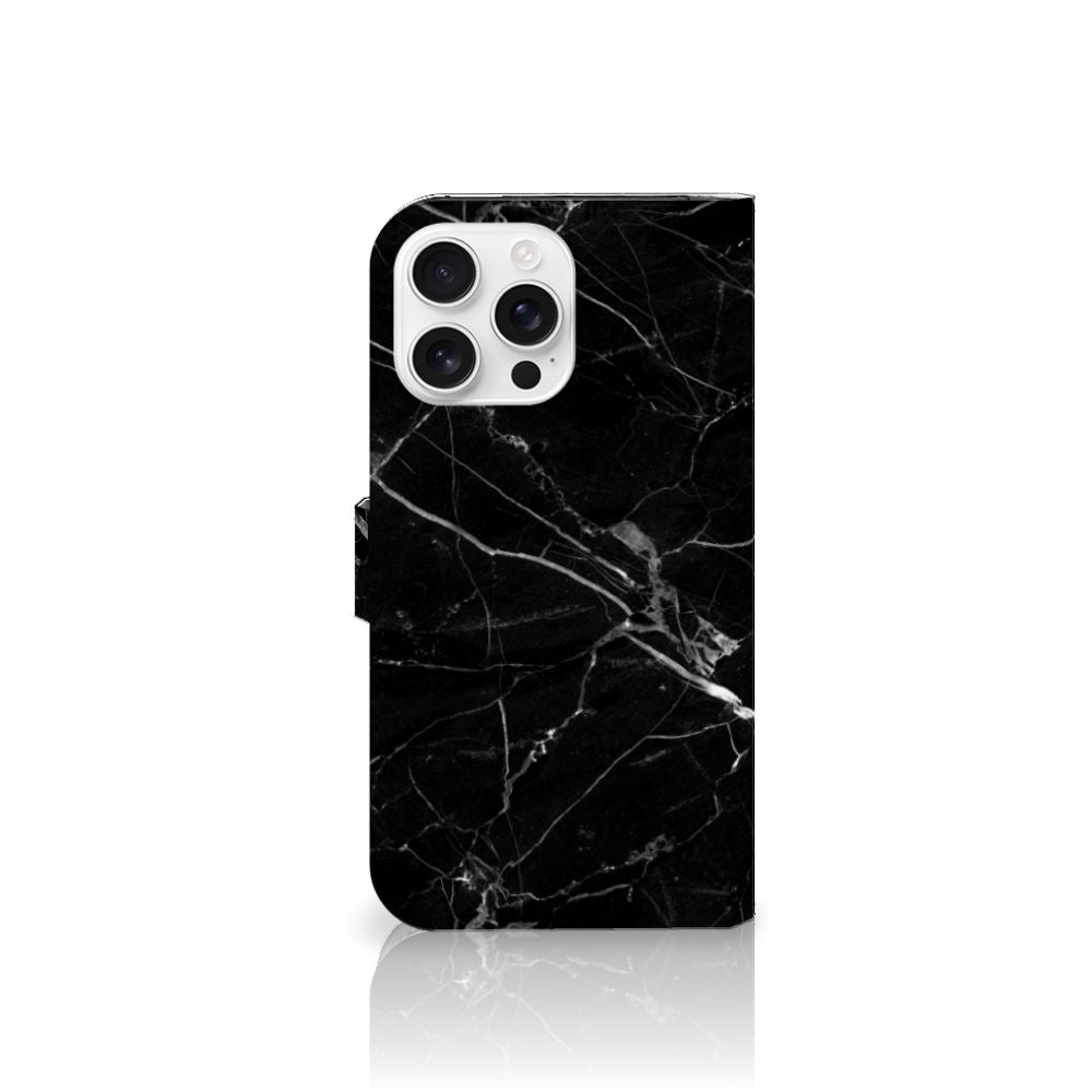 iPhone 16 Pro Max Bookcase Marmer Zwart telefoonhoesje zwart marmer aanzicht
