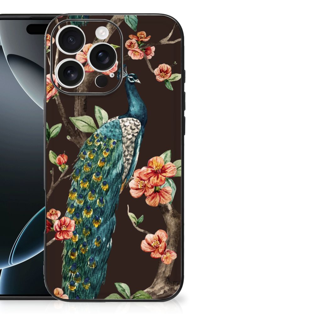 Apple iPhone 16 Pro Max Dierenprint Telefoonhoesje Pauw met Bloemen achterzijde design pauw bloemen