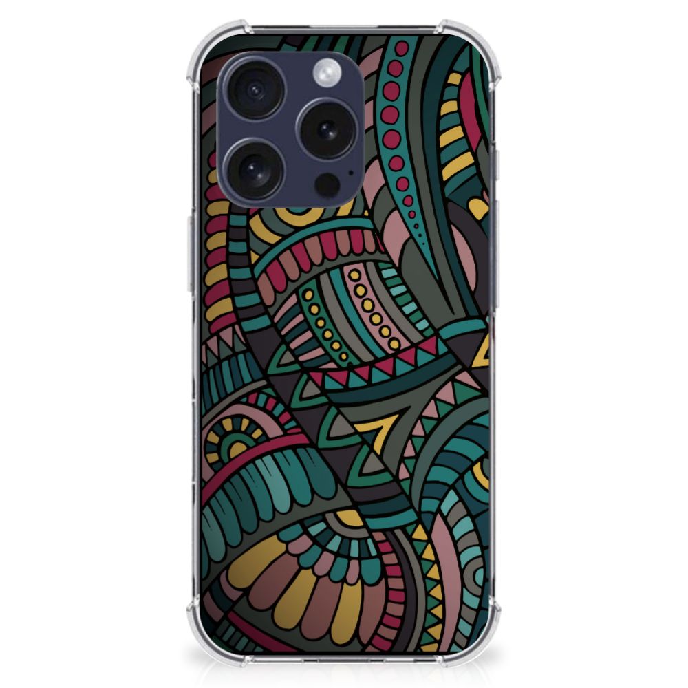 iPhone 16 Pro Max Doorzichtige Silicone Hoesje Aztec achterzijde design kleurrijk