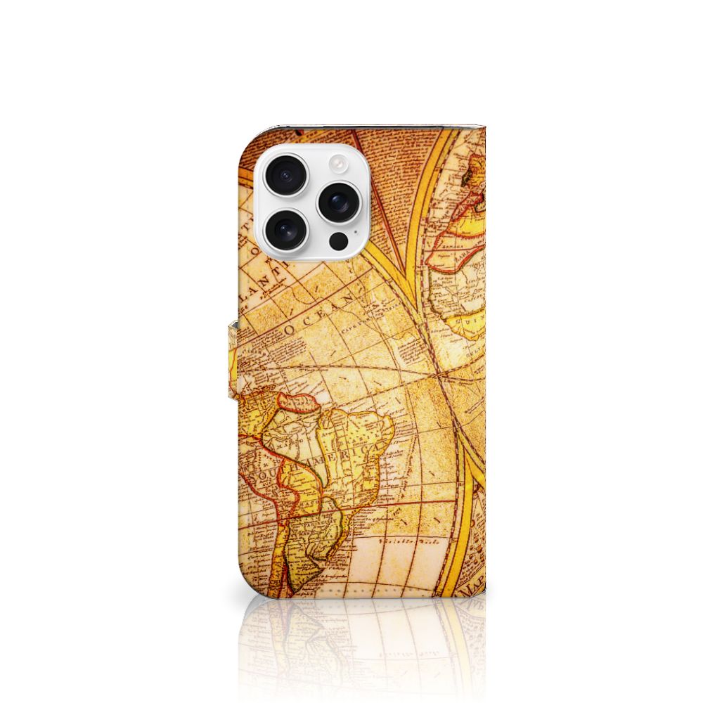 iPhone 16 Pro Max Flip Cover Kompas wereldkaart design voorkant