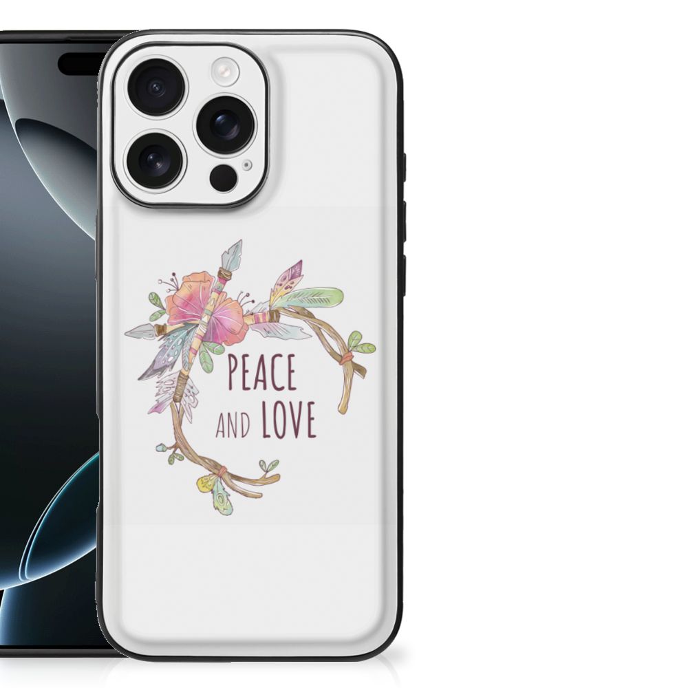 Apple iPhone 16 Pro Max Hoesje Boho Text design Peace and Love aanzicht