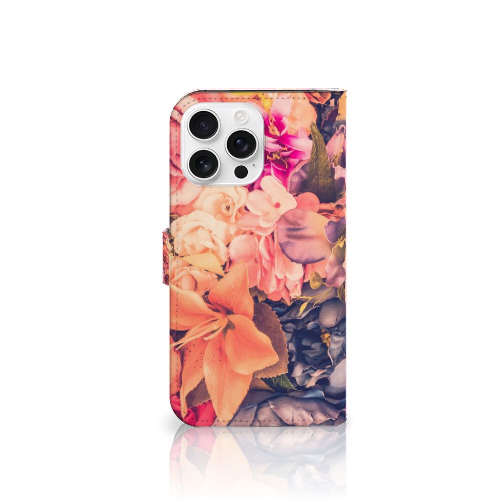 iPhone 16 Pro Max Hoesje Bosje Bloemen boekhoesje bloemen roze oranje paarse