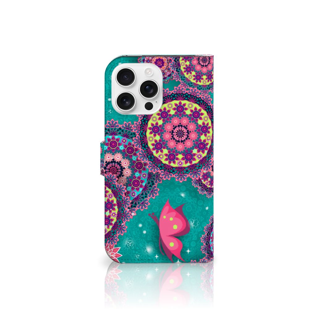 iPhone 16 Pro Max Hoesje Cirkels en Vlinders boekstijl case design mandala vlinders aanzicht