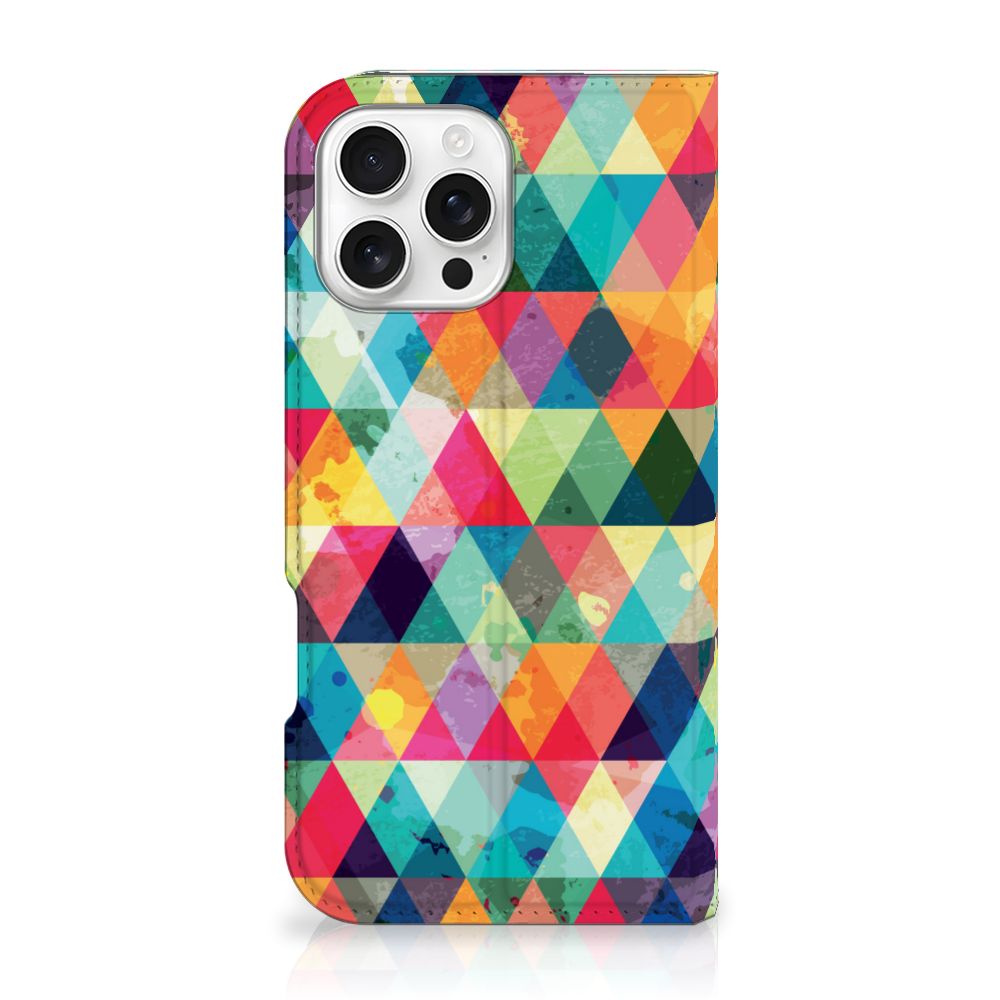 iPhone 16 Pro Max Hoesje met Magneet Geruit kleurrijk driehoekig design voorkant