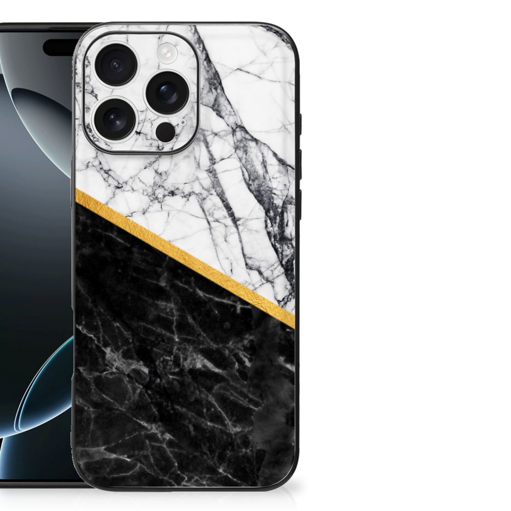 iPhone 16 Pro Max Marmeren Print Telefoonhoesje Marmer Wit Zwart achterkant zwart wit gouden lijn