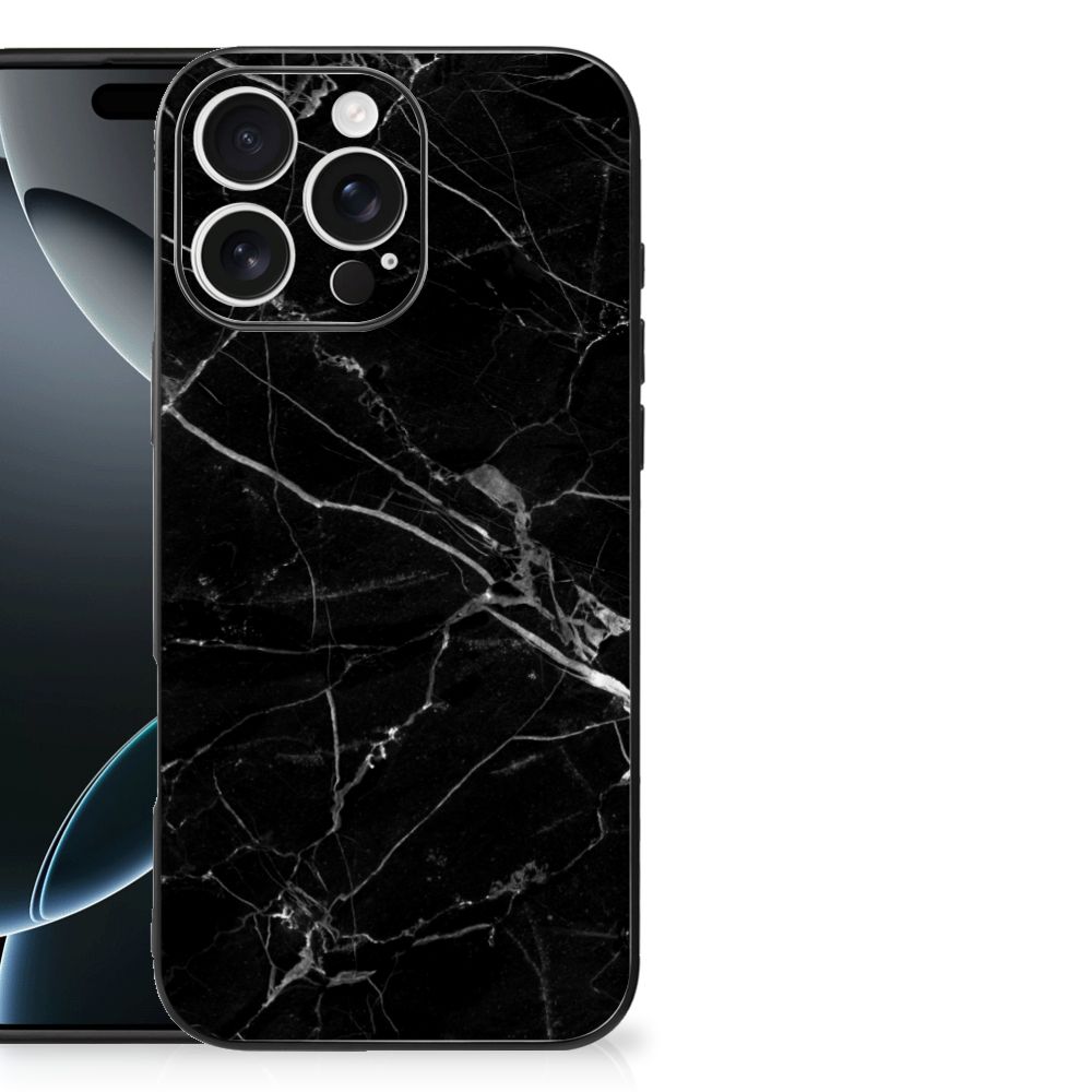 Apple iPhone 16 Pro Max iPhone 16 Pro Max Marmeren Print Telefoonhoesje Marmer Zwart achterzijde