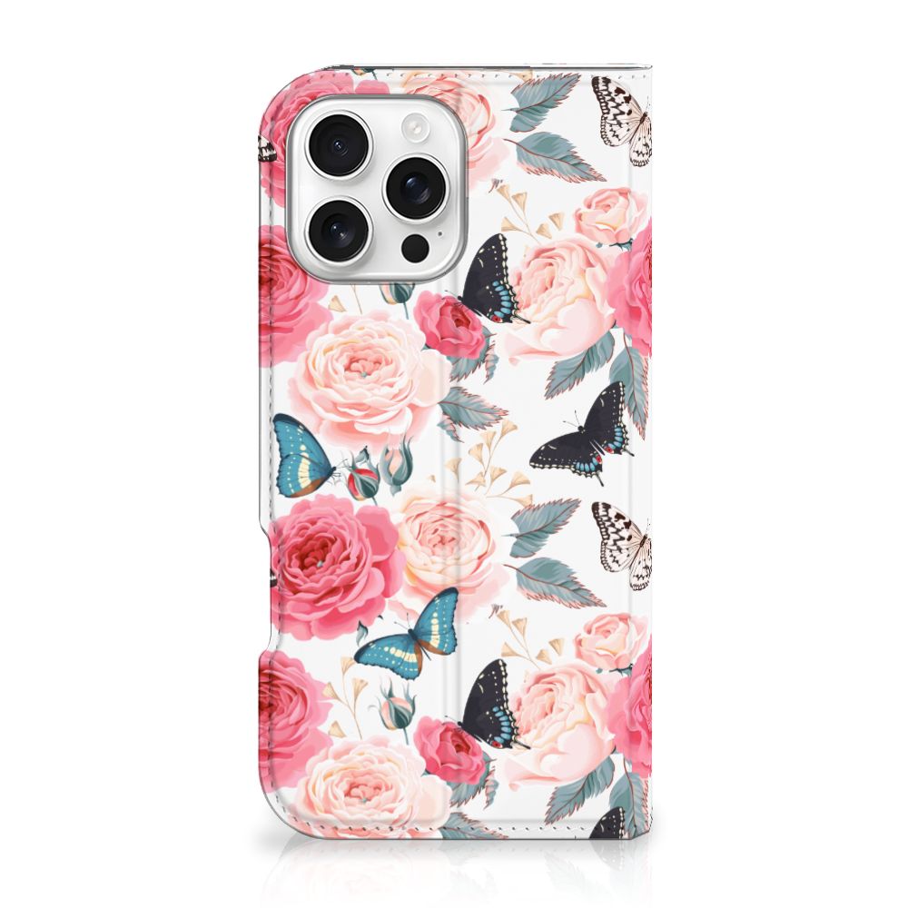 Apple iPhone 16 Pro Max Smart Cover Butterfly Roses voorkant