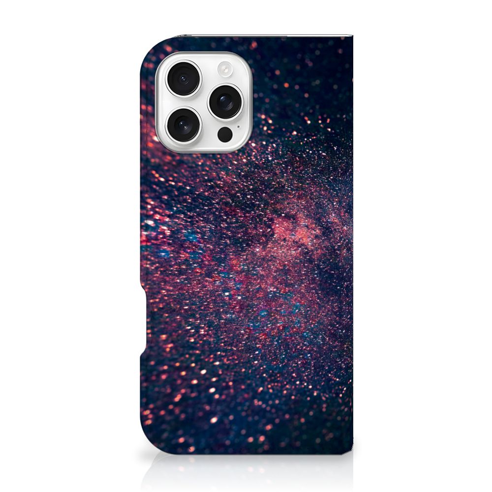 iPhone 16 Pro Max Stand Case Stars kunstzinnig design paarse blauwe glitters zijaanzicht
