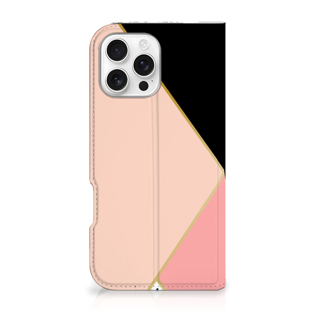 iPhone 16 Pro Max Stand Case Zwart Roze Vormen design Black Pink Shapes aanzicht