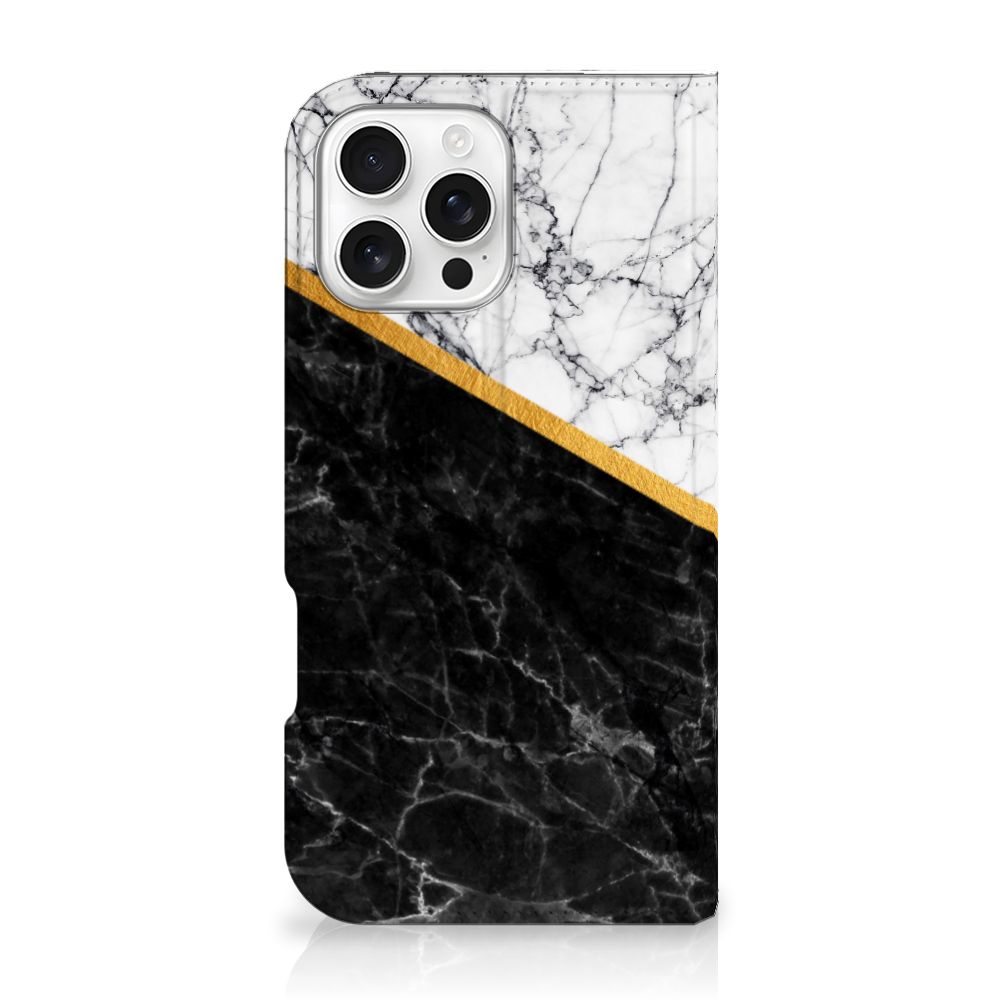 iPhone 16 Pro Max Standcase Marmer Wit Zwart voorkant