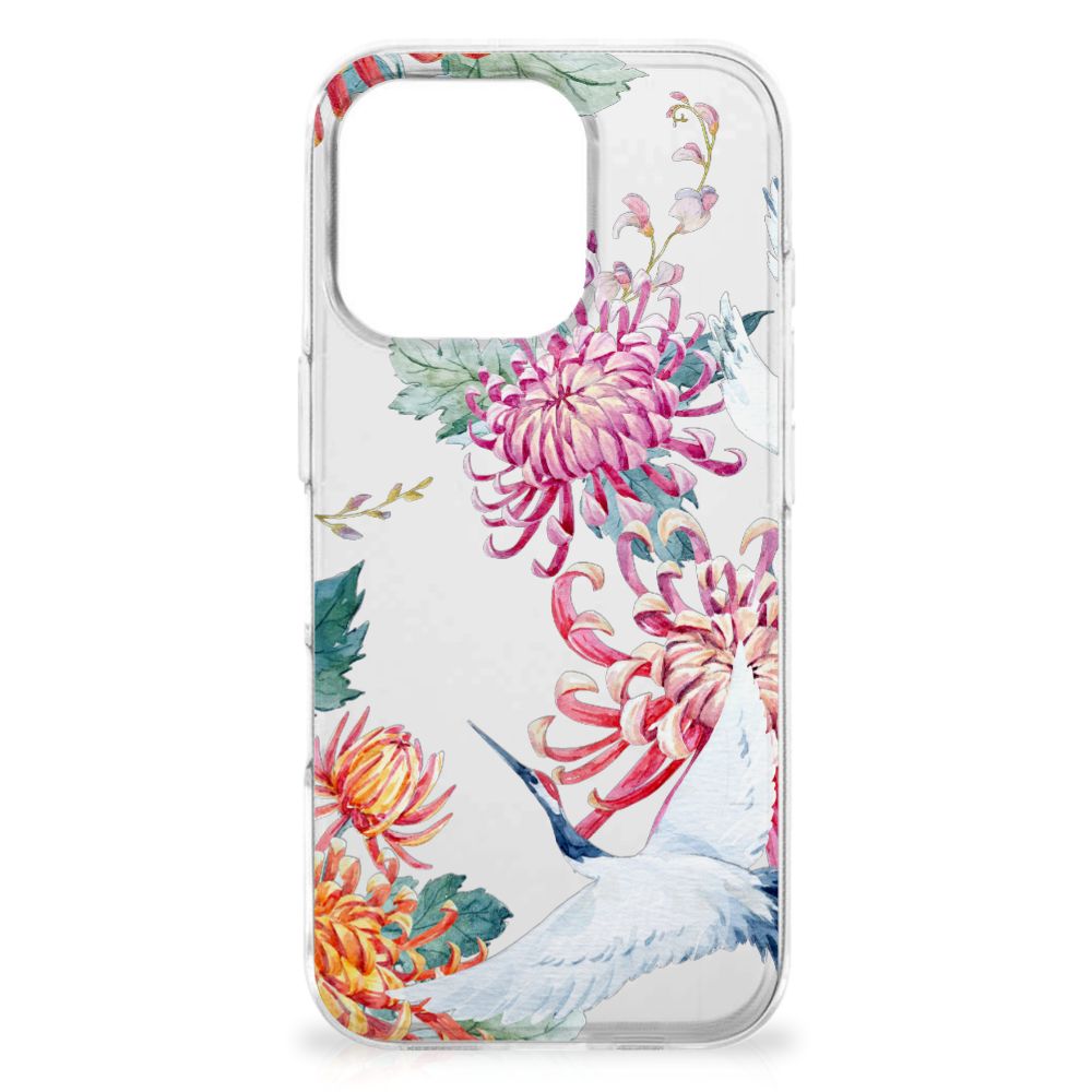 Apple iPhone 16 Pro Max TPU Hoesje Bird Flowers design bloemen ooievaar aanzicht