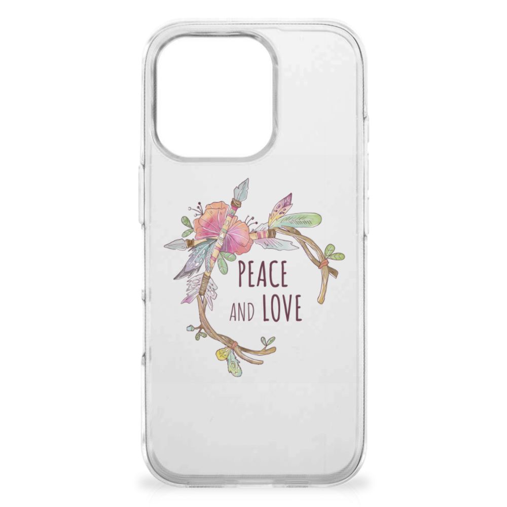iPhone 16 Pro Max Telefoonhoesje met Naam Boho Text telefoonhoesje peace and love design vooraanzicht