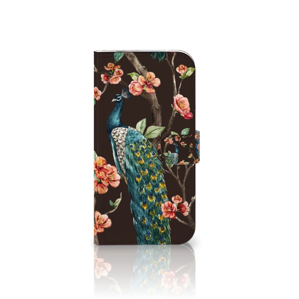 iPhone 16 Pro Max Telefoonhoesje met Pasjes Pauw met Bloemen telefoonhoesje pauw bloemen aanzicht