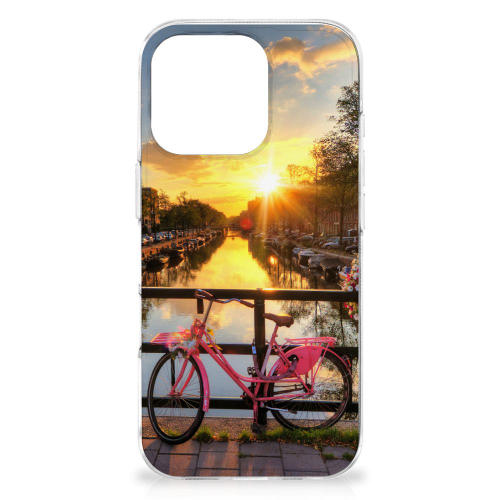 iPhone 16 Pro Siliconen Back Cover Amsterdamse Grachten fiets zonsondergang aanzicht