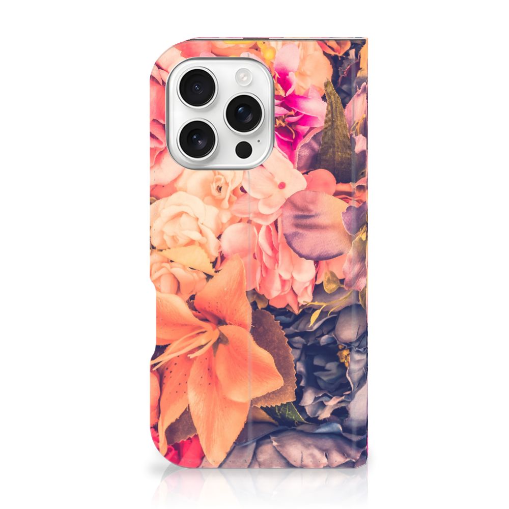 iPhone 16 Pro Smart Cover Bosje Bloemen bloemen oranje paarse roze aanzicht