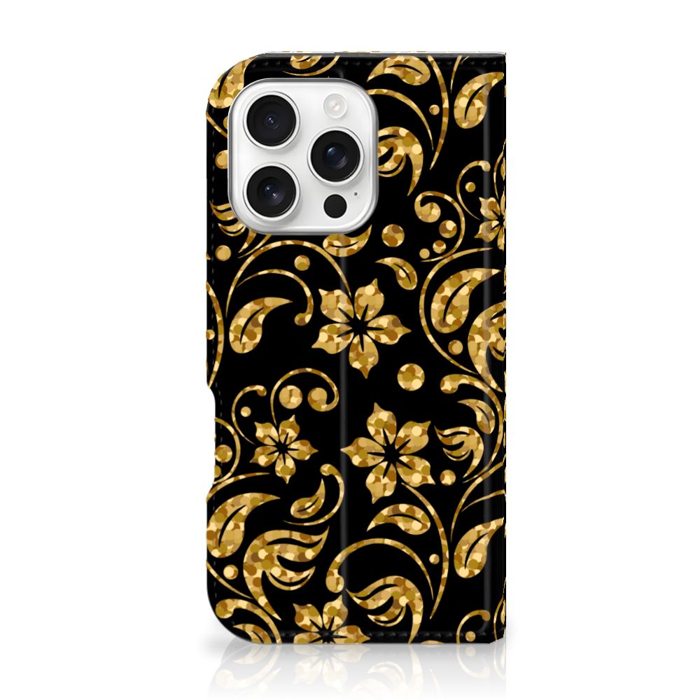 iPhone 16 Pro Smart Cover Gouden Bloemen bloemen zwart design zijaanzicht