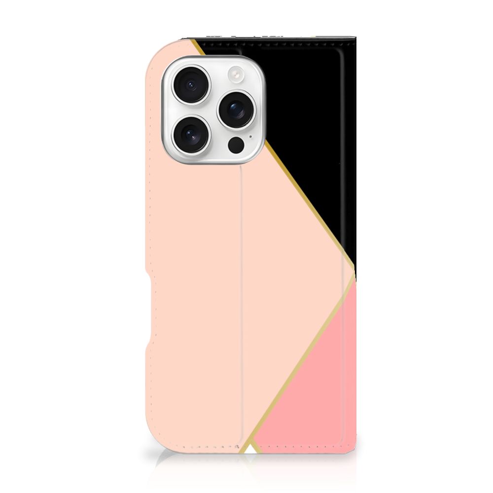 iPhone 16 Pro Stand Case Zwart Roze Vormen design Black Pink Shapes aanzicht