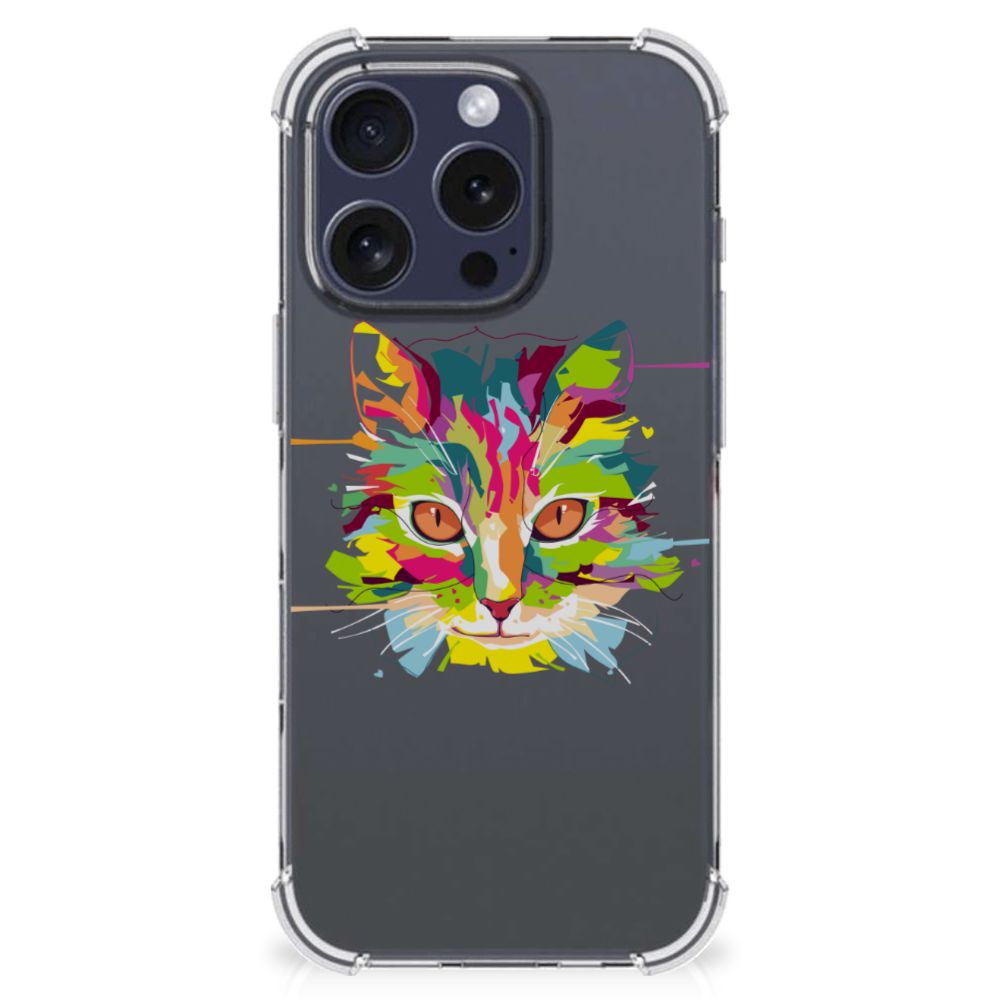 iPhone 16 Pro Stevig Bumper Hoesje Cat Color kat gezicht kleurrijk design voorkant