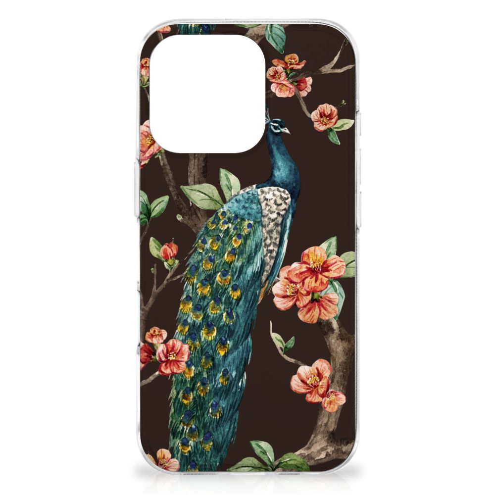 iPhone 16 Pro TPU Hoesje Pauw met Bloemen pauw bloemen design voorkant