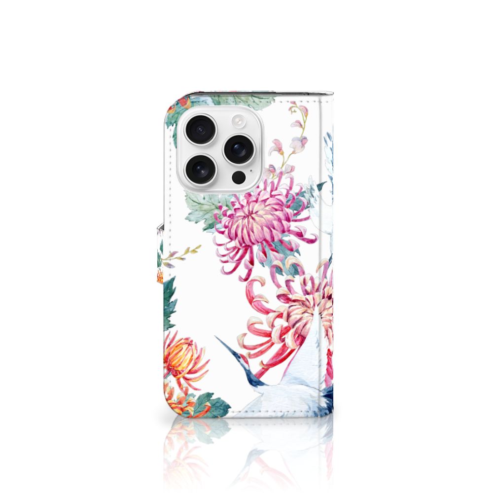 iPhone 16 Pro Telefoonhoesje met Pasjes Bird Flowers design bloemen aanzicht