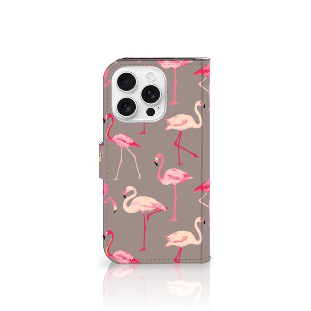 Apple iPhone 16 Pro telefoonhoesje met pasjes flamingo design voorkant