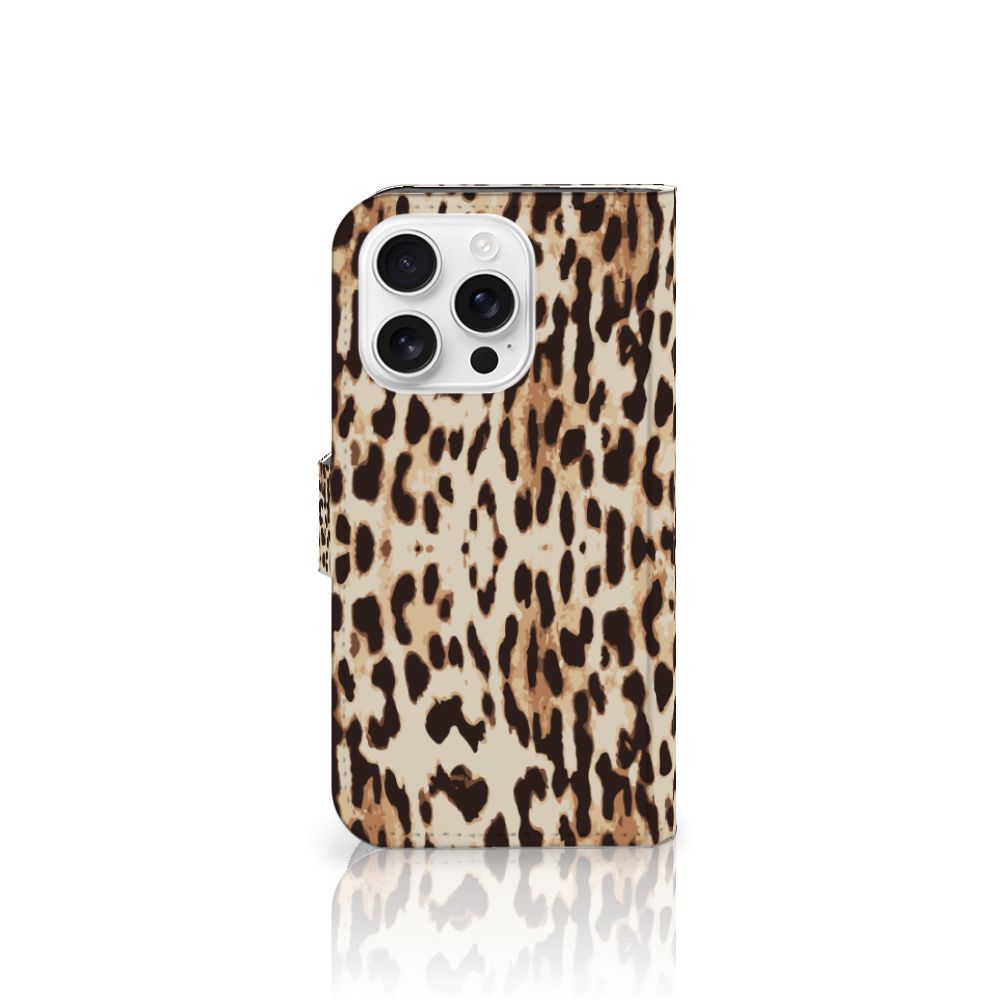 iPhone 16 Pro Telefoonhoesje met Pasjes Leopard dierenprint aanzicht