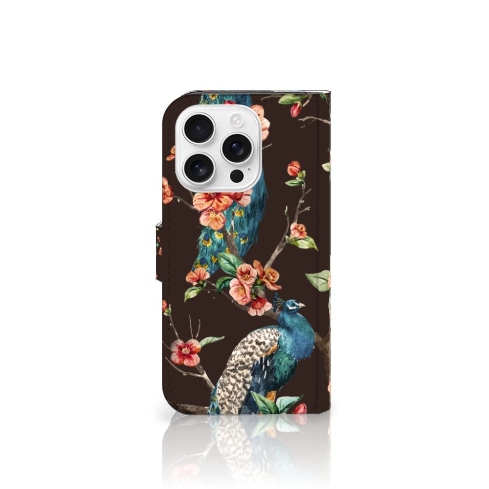 iPhone 16 Pro Telefoonhoesje met Pasjes Pauw met Bloemen telefoonhoesje pauw bloemen aanzicht