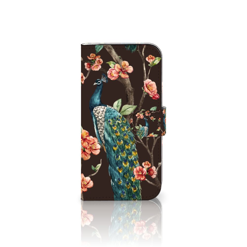 iPhone 16 Pro Telefoonhoesje met Pasjes Pauw met Bloemen telefoonhoesje pauw bloemen vooraanzicht